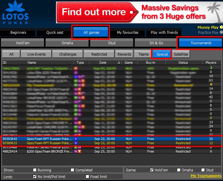 Как найти бесплатные турниры в лобби LotosPoker.